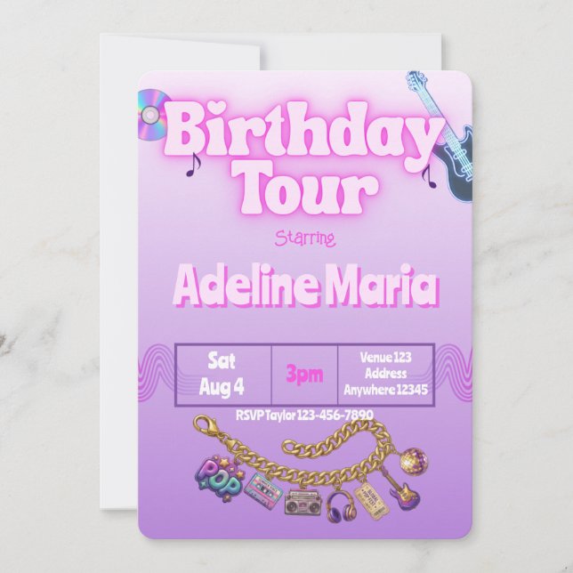 Invitación Pulsera de encanto de tour de cumpleaños (Anverso)