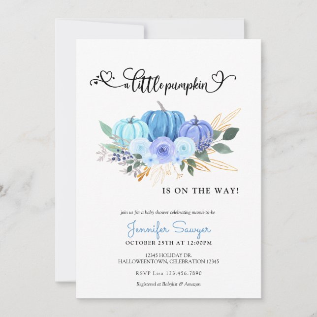 Invitación Pumpkin Autumn Blue Boy Baby Shower (Anverso)