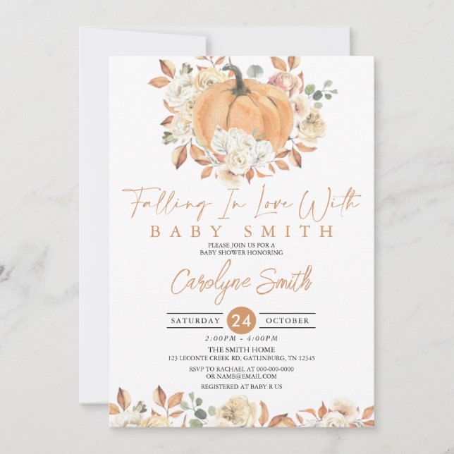Invitación Pumpkin Autumn Floral Falling Baby Shower (Anverso)