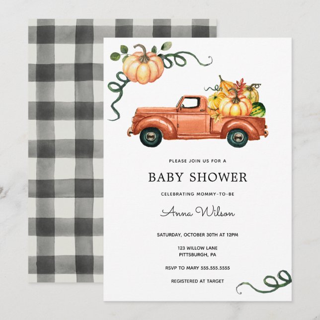 Invitación Pumpkin Autumn Truck Baby Shower (Anverso / Reverso)