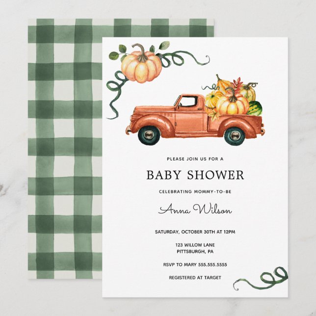 Invitación Pumpkin Autumn Truck Baby Shower (Anverso / Reverso)
