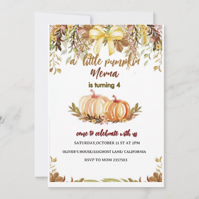 Invitación pumpkin  Birthday Invitation Editable Digital Down (Anverso)