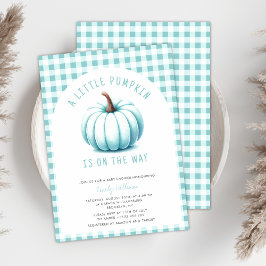 Invitación Pumpkin Blue Gingham Plaid Boy Baby Shower