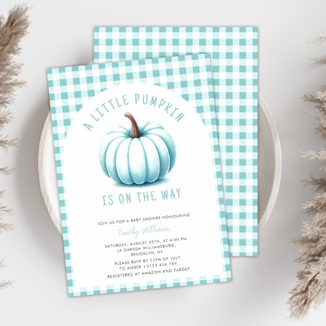 Invitación Pumpkin Blue Gingham Plaid Boy Baby Shower (Subido por el creador)