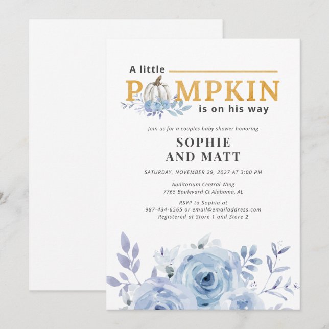 Invitación Pumpkin Blue Lilac Botanic Boys Baby Shower (Anverso / Reverso)