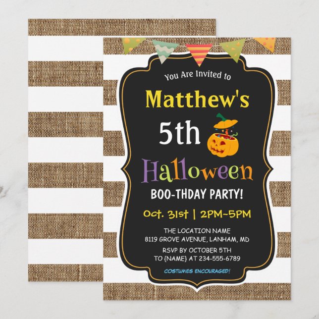 Invitación Pumpkin Burlap Niños de Halloween Fiesta de cumple (Anverso / Reverso)