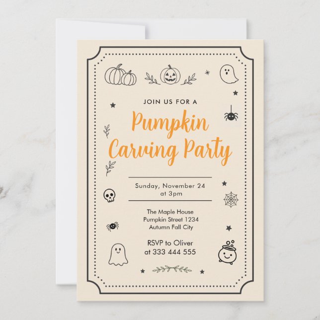 Invitación Pumpkin Carving Party Halloween Doodles (Anverso)