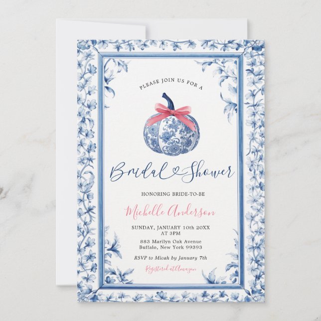 Invitación Pumpkin Chinoiserie Blue Floral Fall Bridal Shower (Anverso)