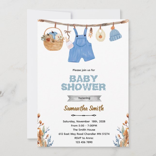 Invitación Pumpkin clothesline boy baby shower invitation  (Anverso)