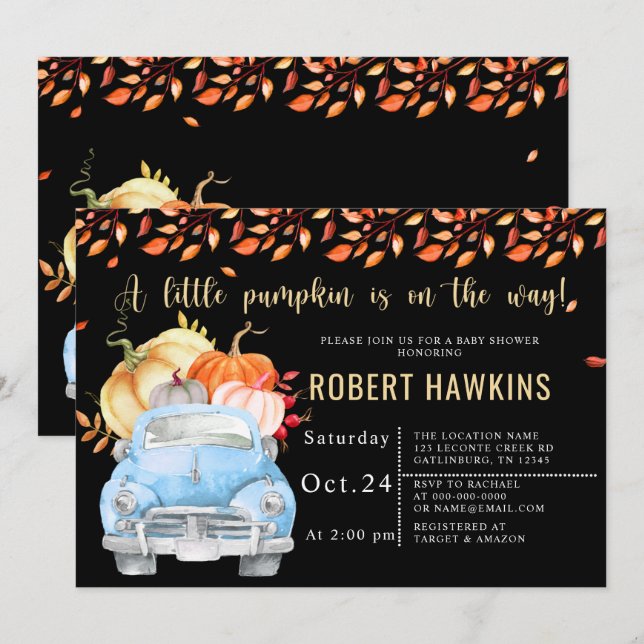 Invitación Pumpkin Drive by Fall Baby Shower (Anverso / Reverso)