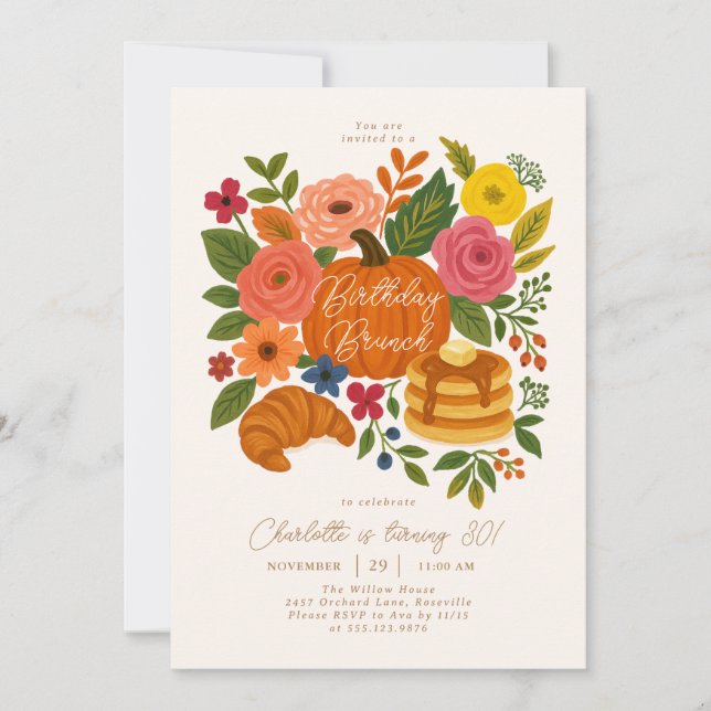 Invitación Pumpkin Floral Birthday Brunch Invitation Fall (Anverso)