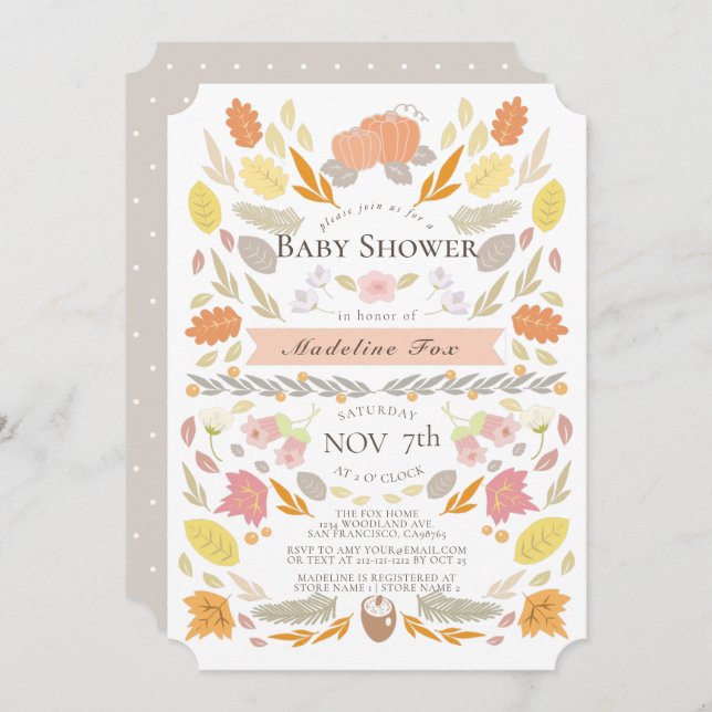 Invitación Pumpkin Foliage Floral Baby Shower de otoño (Anverso / Reverso)