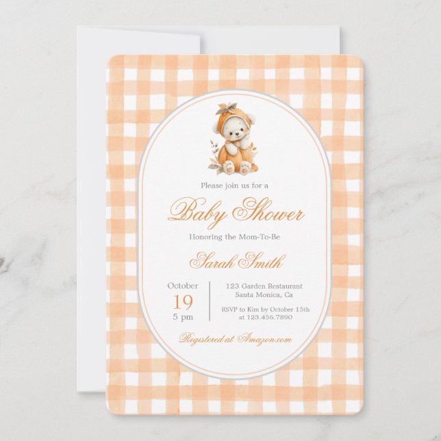 Invitación Pumpkin Gingham Baby Shower Chica (Anverso)