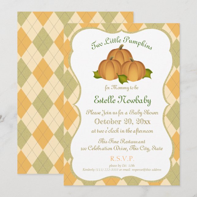 Invitación Pumpkin Harlequin Gold Twins Baby Shower (Anverso / Reverso)