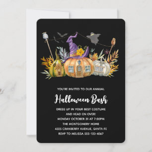 Invitación Pumpkin House with Ghost & Bats Halloween