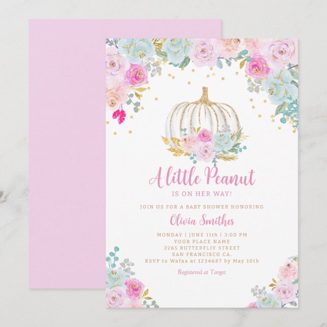 Invitación Pumpkin on the way Floral Pumpkin Girl Baby Shower (Anverso / Reverso)