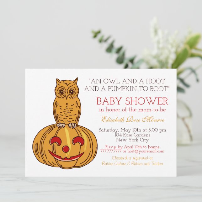 Invitación Pumpkin Owl & Gingham Baby Shower (Anverso de pie)