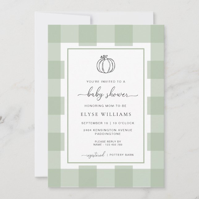 Invitación Pumpkin Sage Green Gingham Baby Shower (Anverso)