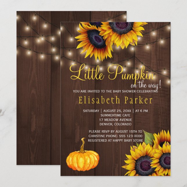 Invitación Pumpkin Sunflowers Rústico Barn Wood Baby Shower (Anverso / Reverso)