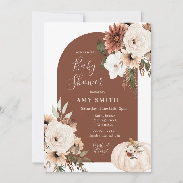 Invitación Pumpkin Terracotta Arch Pampas Grasa Baby Shower (Anverso)