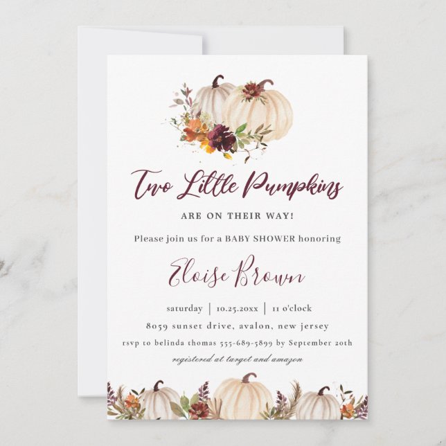 Invitación Pumpkins Burgundy Naranja Gemelos Florales Baby Sh (Anverso)