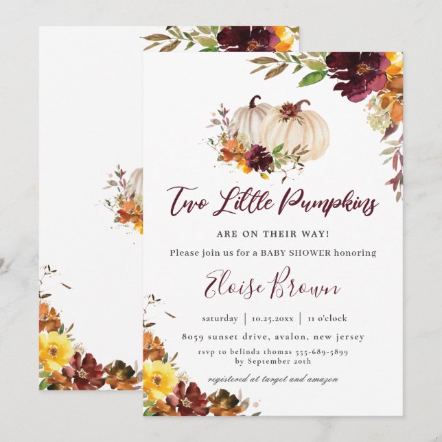 Invitación Pumpkins Burgundy Naranja Gemelos Florales Baby Sh (Anverso / Reverso)