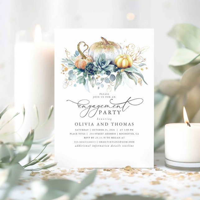 Invitación Pumpkins Suculentas Fiesta de Compromiso de Caída  (Greenery and Pumpkins Fall Engagement Party Invitations)