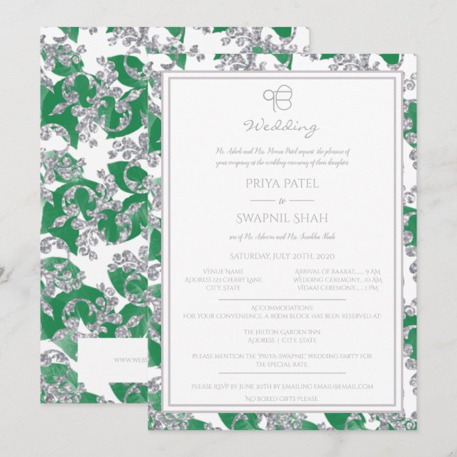 Invitación Punjabi floral Ek sikh Onkar del verde de plata (Anverso / Reverso)
