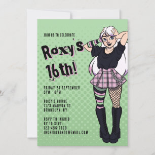 Invitación Punk Chica Verde Personalizado 16 cumpleaños