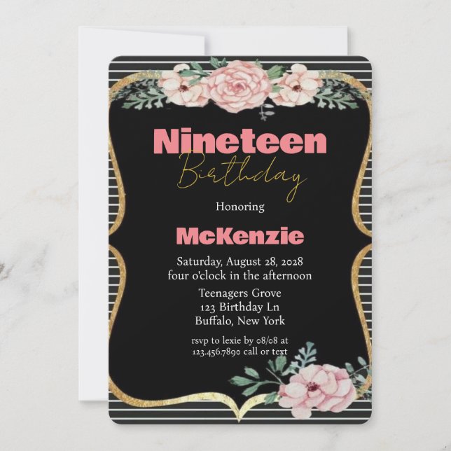 Invitación Punk Negro Peony Gold Chica 19th Birthday Party (Anverso)