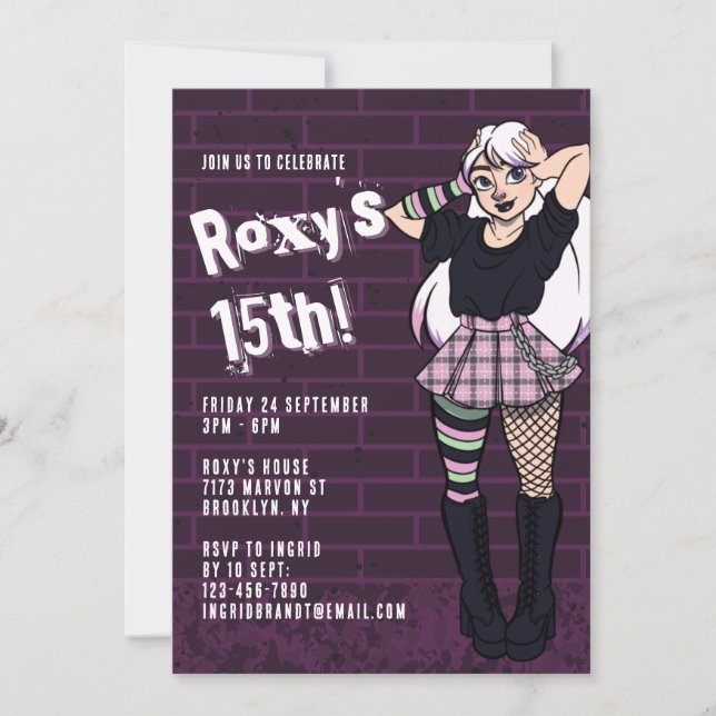 Invitación Punk personalizable Chica adolescente 15º cumpleañ (Anverso)