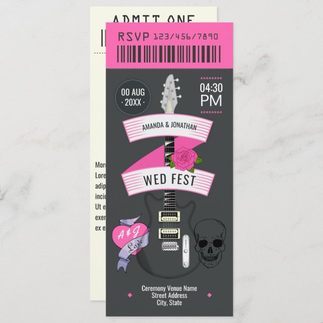 Invitación Punk Romance Rock ’n’ Roll Wedding Ticket (Anverso / Reverso)