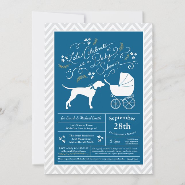 Invitación Puntero Perro Baby Shower Boy Azul (Anverso)