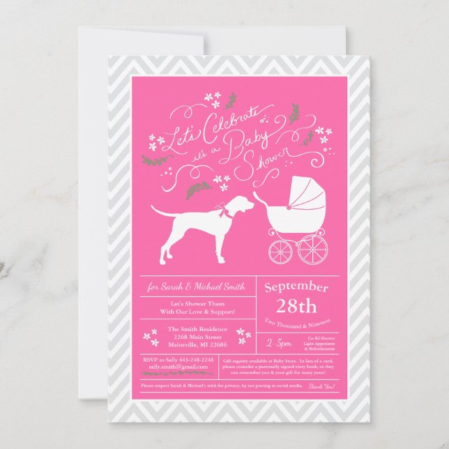 Invitación Puntero Perro Chica Baby Shower Rosa (Anverso)