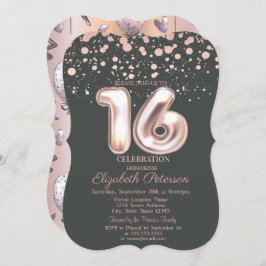 Invitación Punto de oro Rosa elegante, globos dulce 16