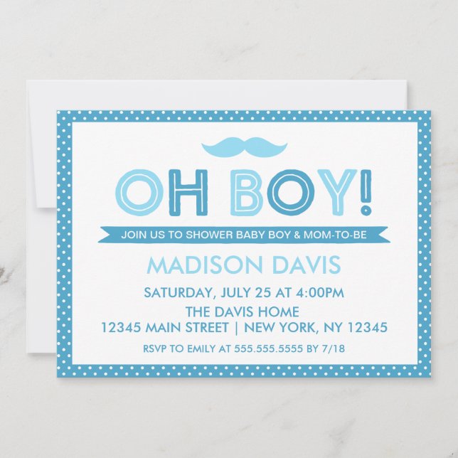 Invitación Punto de Polka Azul Oh Boy Baby Shower (Anverso)