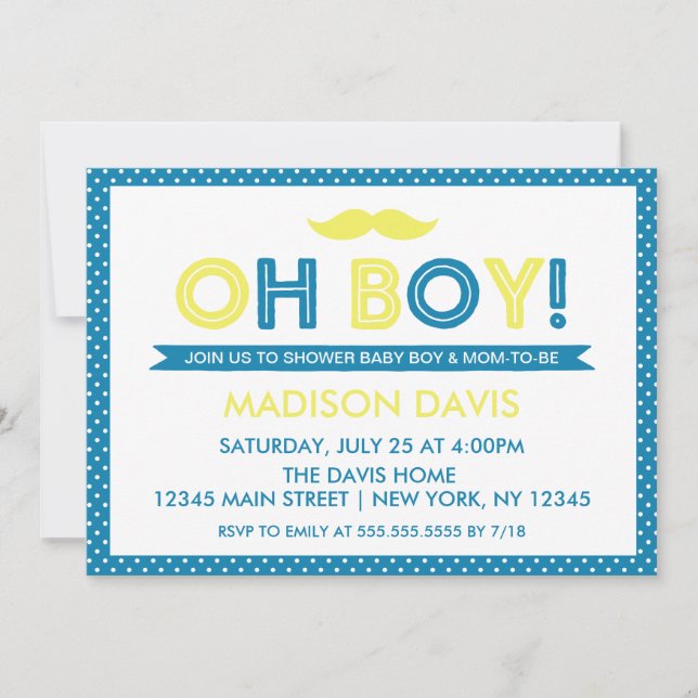 Invitación Punto de polka azul y amarillo Oh Boy Baby Shower (Anverso)