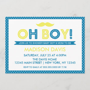 Invitación Punto de polka azul y amarillo Oh Boy Baby Shower
