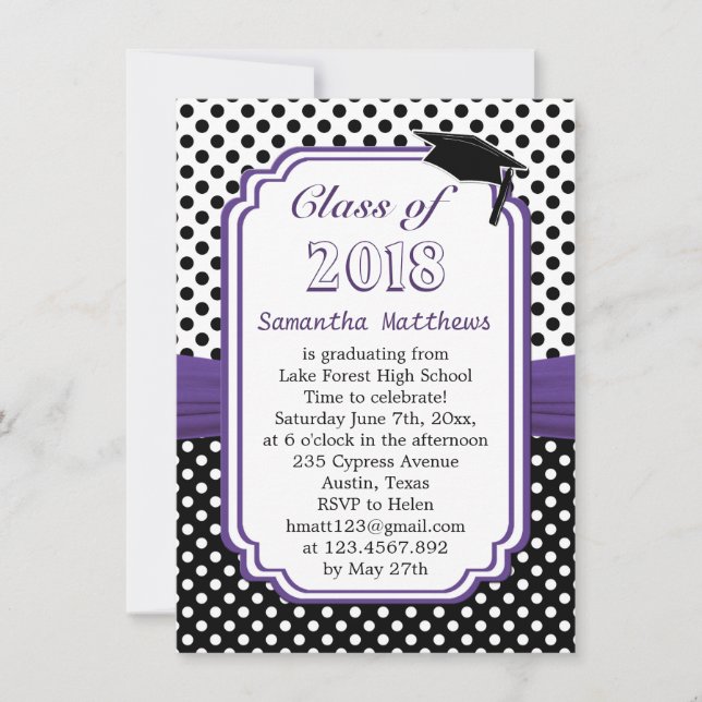 Invitación Punto de polka blanco negro, gorro mortero Partido (Anverso)