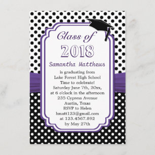Invitación Punto de polka blanco negro, gorro mortero Partido