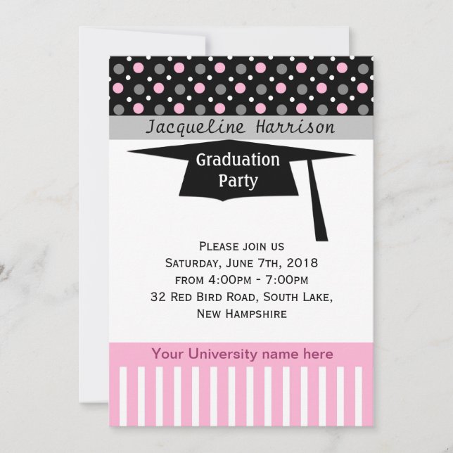 Invitación Punto de polka blanco, rosa, negro, mortero Gradua (Anverso)
