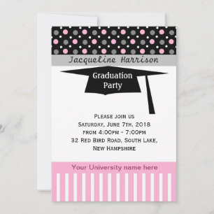 Invitación Punto de polka blanco, rosa, negro, mortero Gradua