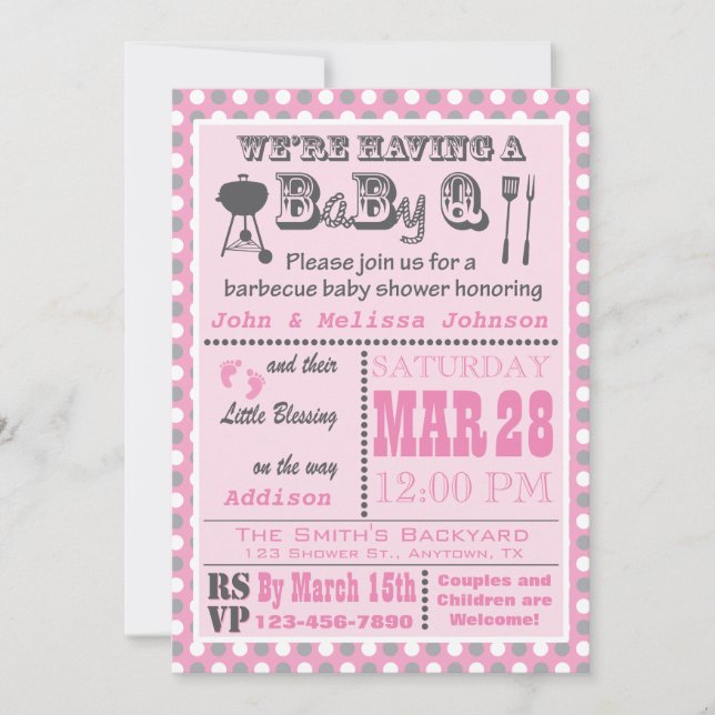 Invitación Punto de Polka de Baby Shower BaByQ Rosa (Anverso)