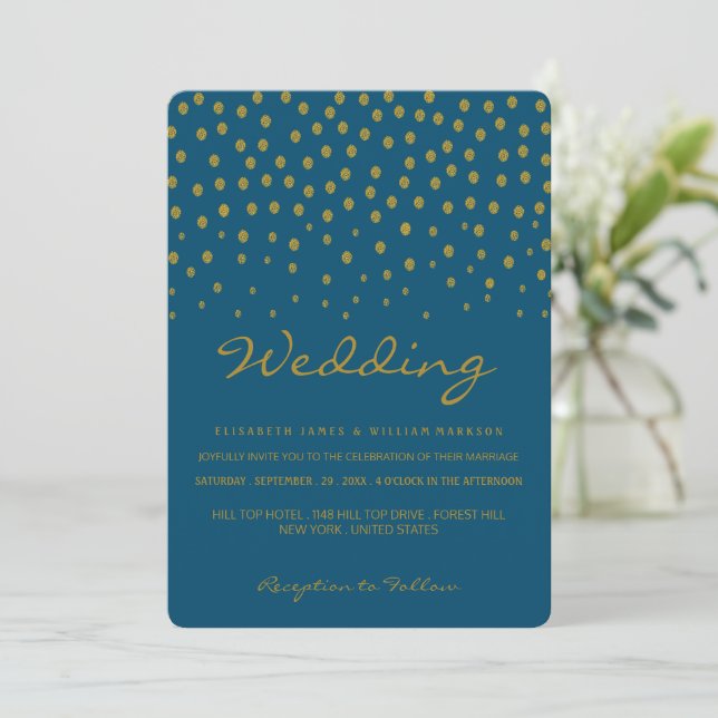 Invitación Punto de Polka Oro - Azul y Oro - Boda (Anverso de pie)
