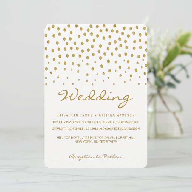 Invitación Punto de Polka Oro - Blanco y Oro - Boda (Anverso de pie)