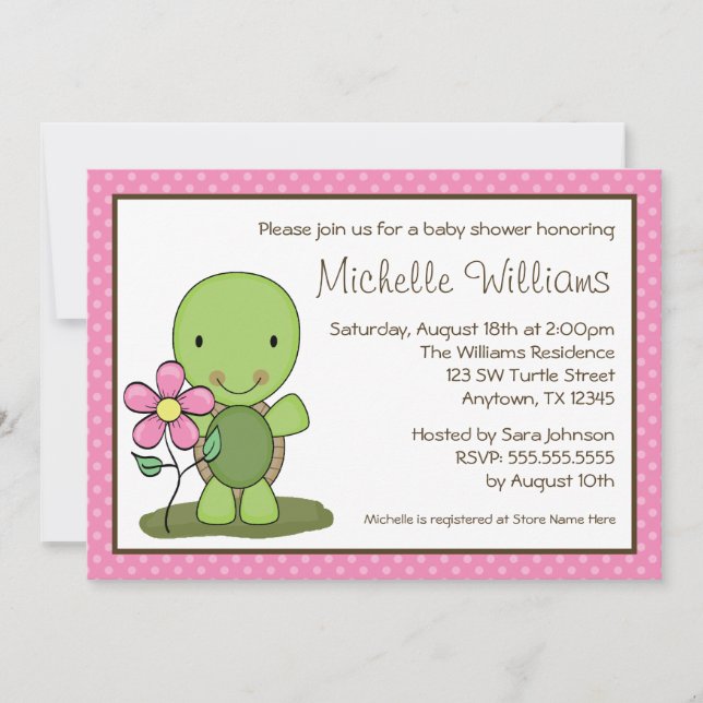 Invitación Punto de polka rosa de tortuga corta Baby Shower (Anverso)