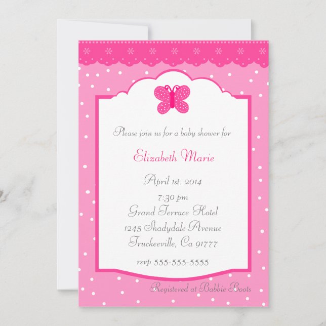 Invitación Punto de polka rosa y mariposa Baby Shower caprich (Anverso)
