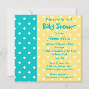 Invitación Punto de polka verde azulado y amarillo, Baby Show