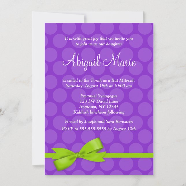 Invitación Punto de polka verde púrpura impreso Bow Bat Mitzv (Anverso)
