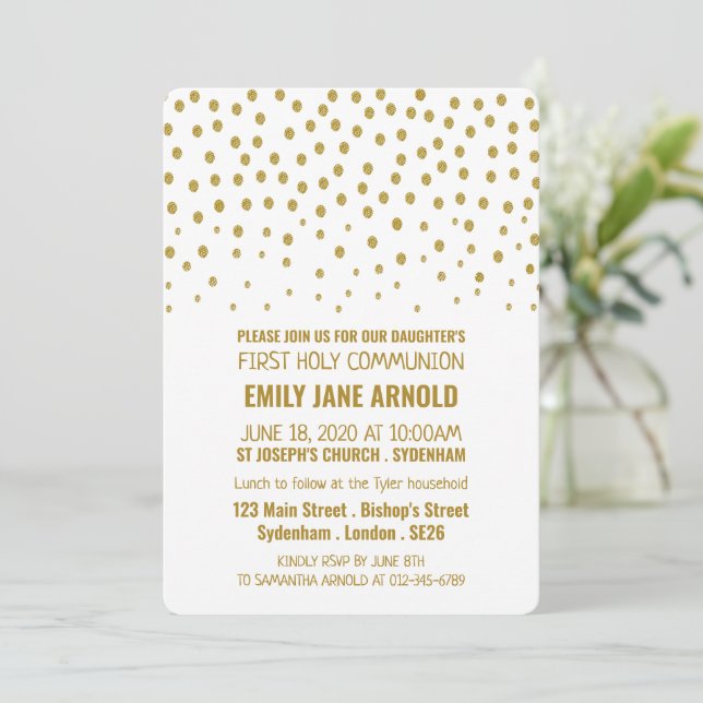 Invitación Punto del Polka del Oro, primera comunión sagrada (Anverso de pie)